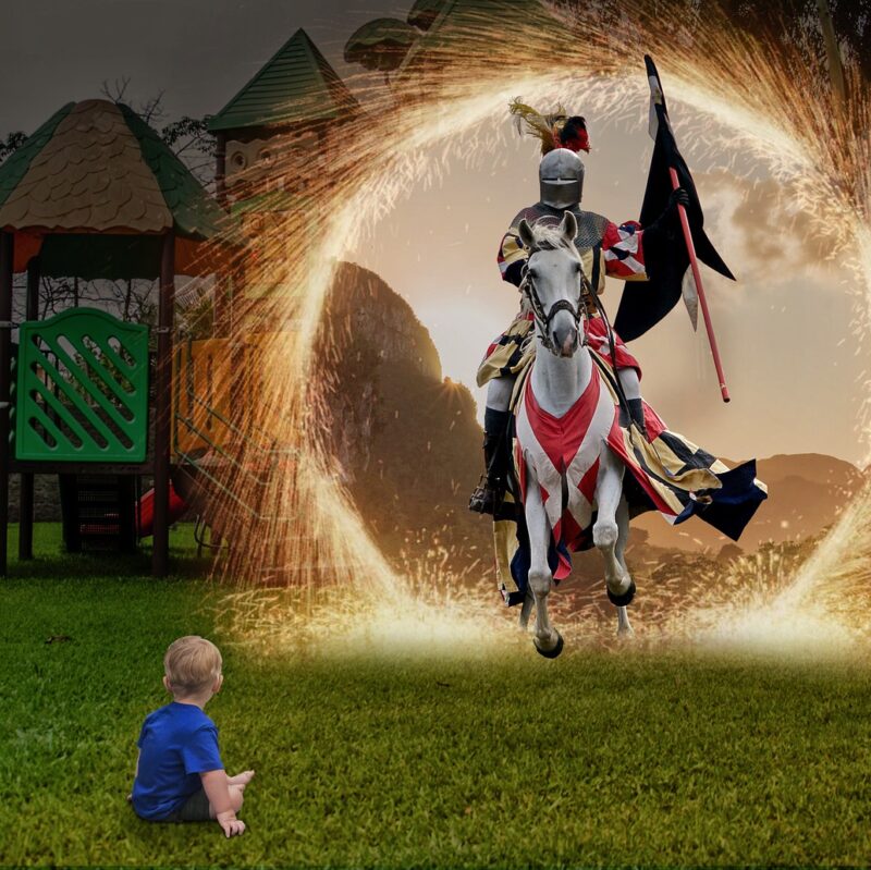 Child in grass, knight in portal