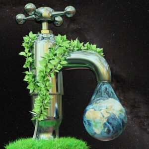 vine covered faucet in space leaking earth in a water drop